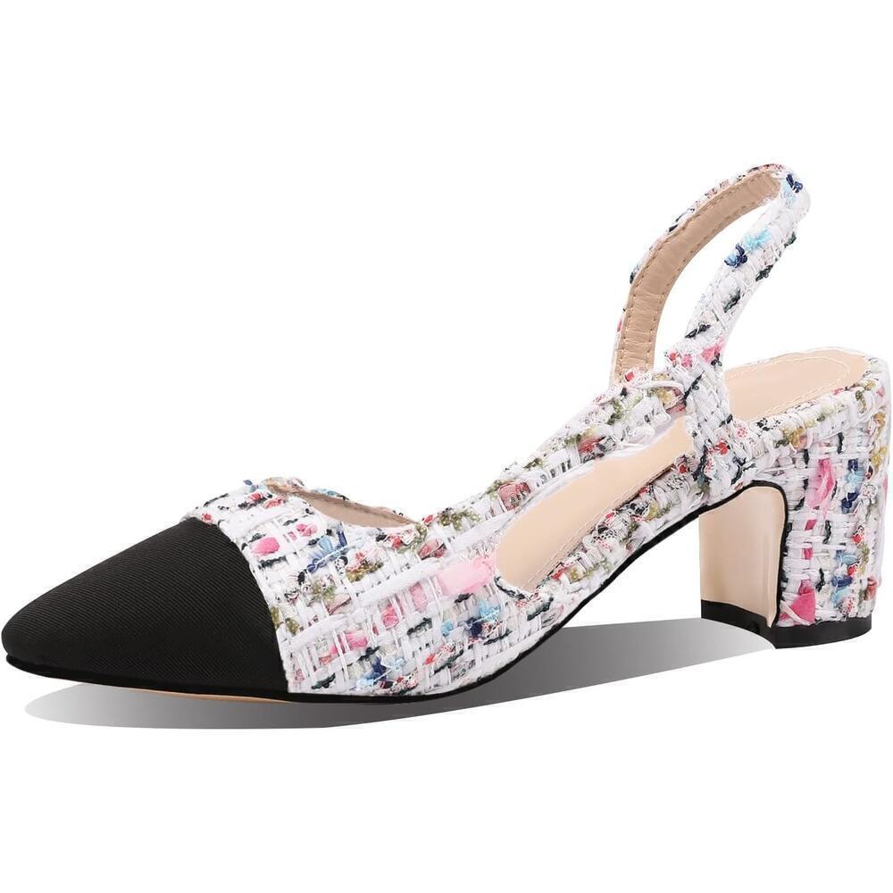 Women Slingback Pumps Chunky Heels Sexy Splicing Round Toe Casual Wedding Shoe